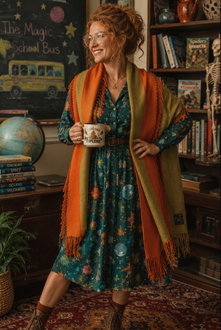 Scarf Wool Blend Ms. Frizzle Quirky Retro Fringe Western Shawl
